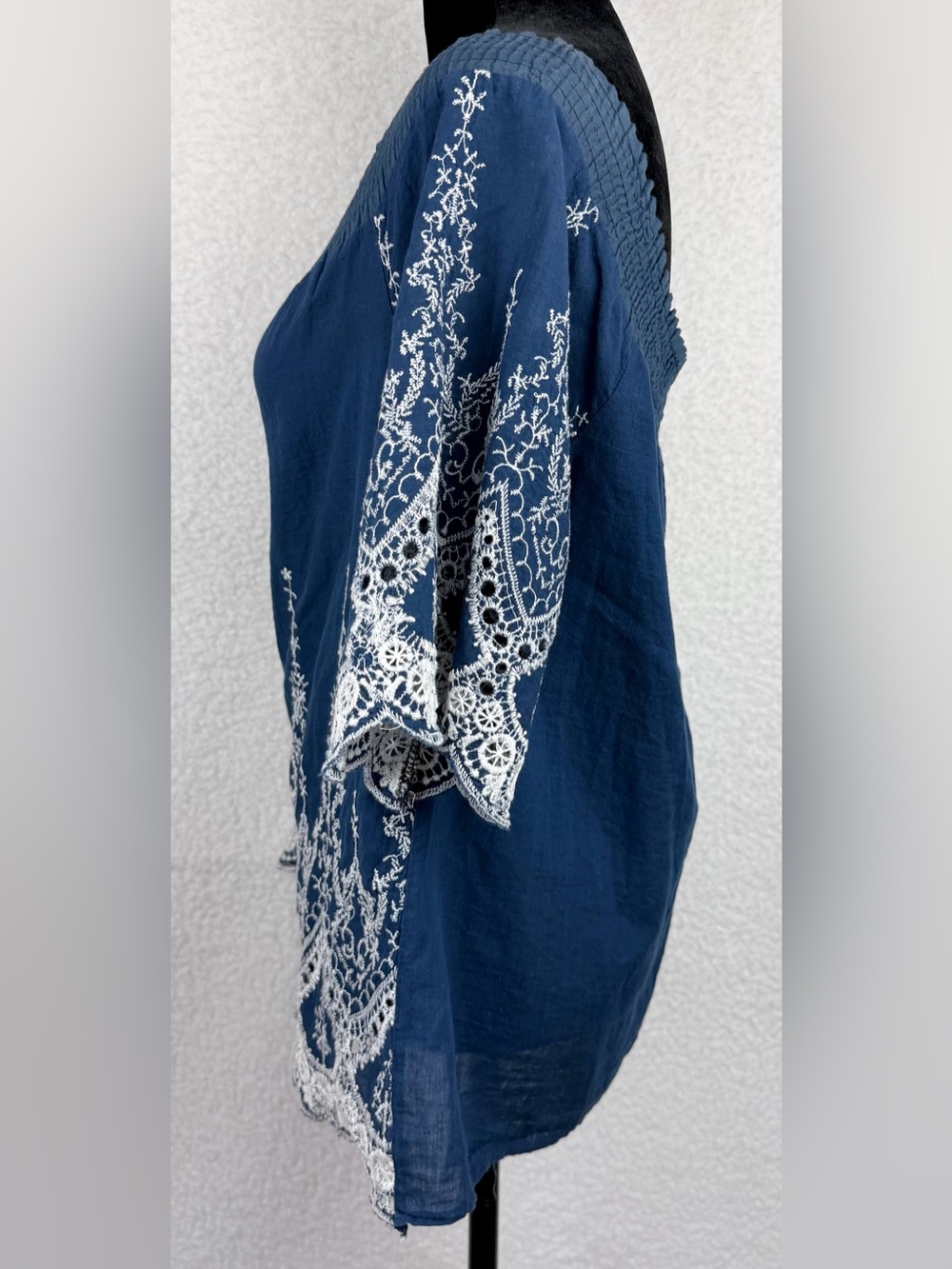 Navy Blue/White Embroidered Boho Smocked-Neck Peasant Blouse, M - Picture 5 of 10